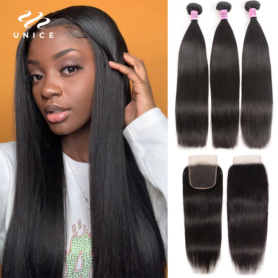 Unice Hair Mongolian Hair 2/3 Bundles With Lace Closure Straight Remy Human Hair Weave Bundles With 4x4 Lace Closure