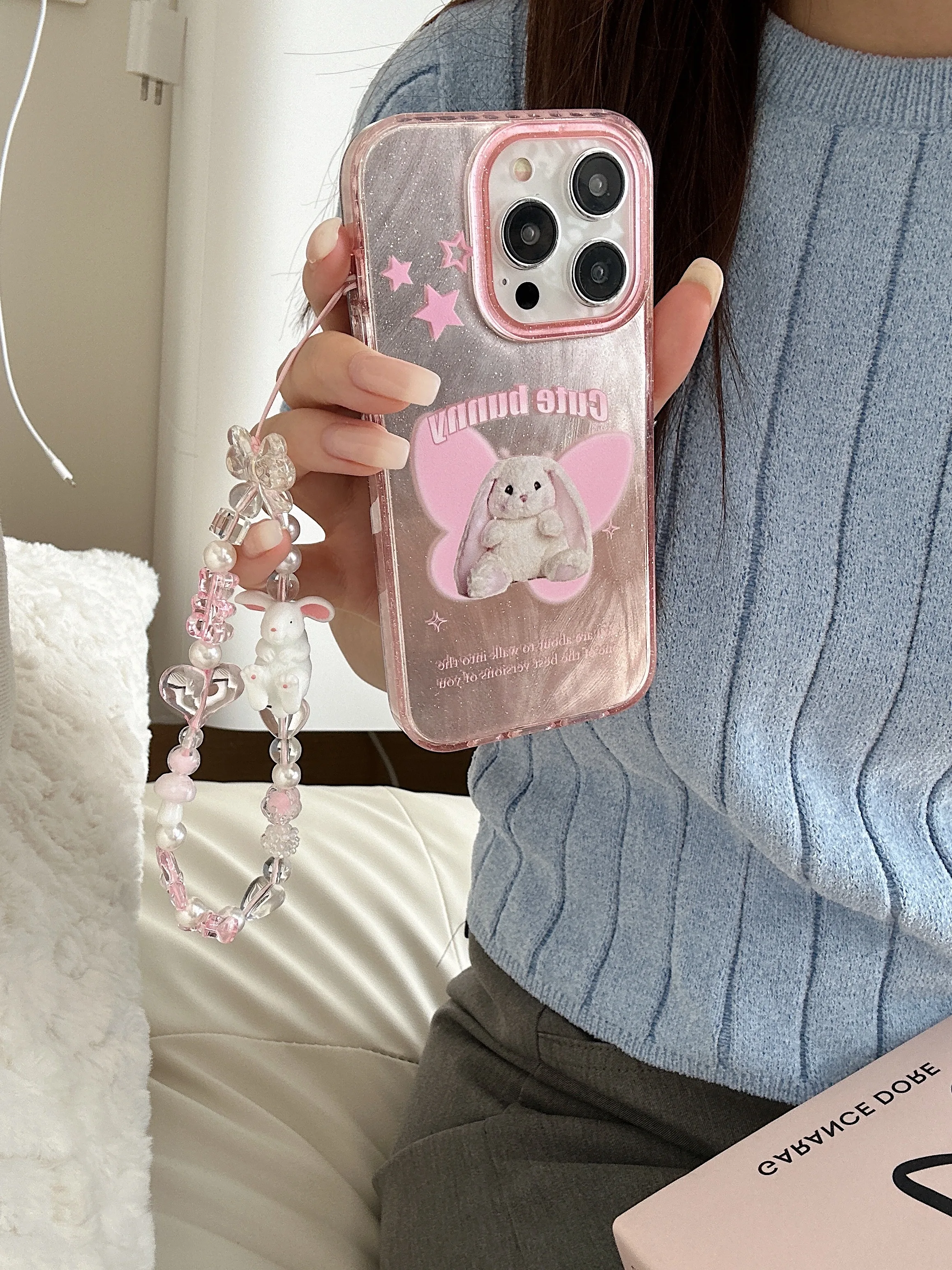 Ins Cartoon Winged Rabbit Pink Star Flash Powder Heart Bracelet Phone Case for iPhone 15 14 13 Pro Max 12 Pro Plus Back Cover image 3
