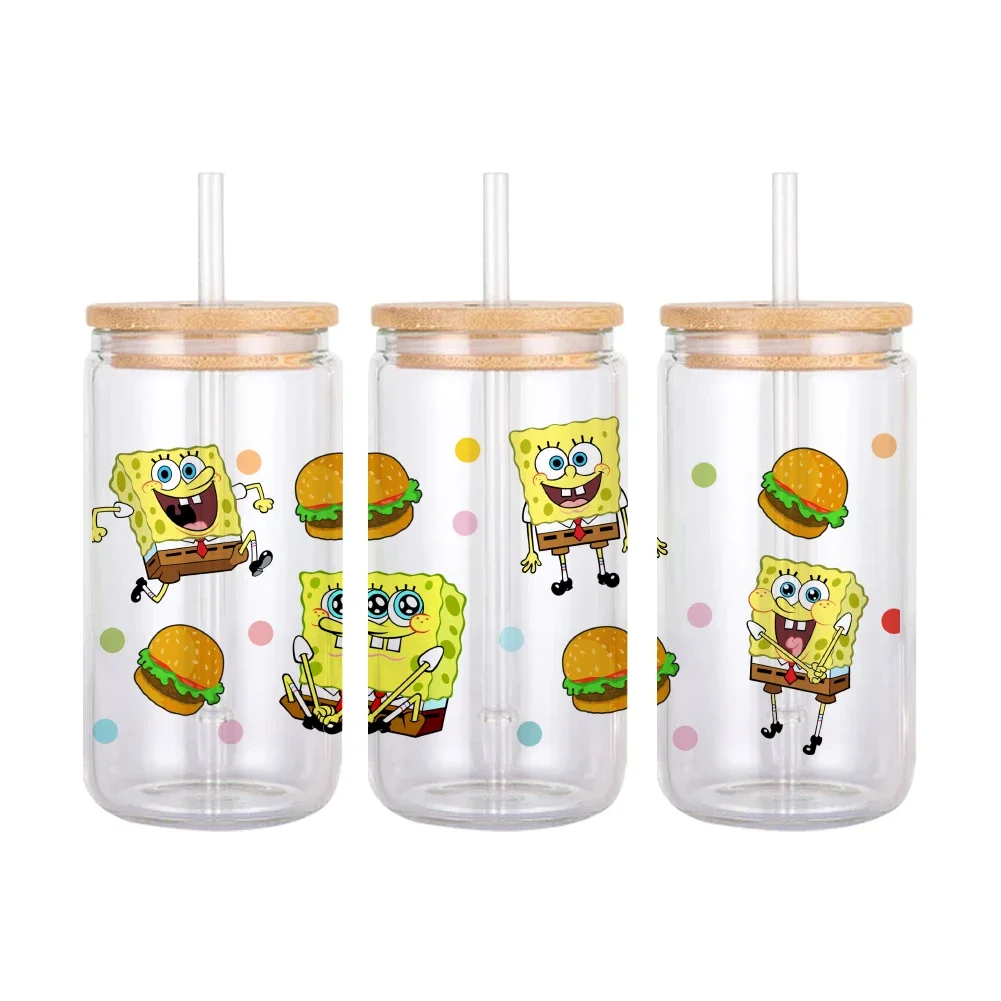 Cartoon Yellow SpongeBob Pattern UV DTF Transfer Sticker Waterproof Transfers Decals For 16oz Glass Cup Wrap Stickers