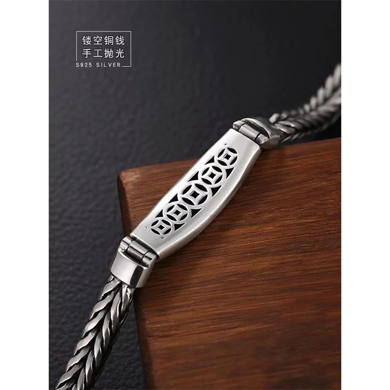 Wholesale S925 Silver Bracelet Men's Six-Character Mantra Woven Thai Silver Ladies Retro Vintage Jewelry Bangle Birthday Gift