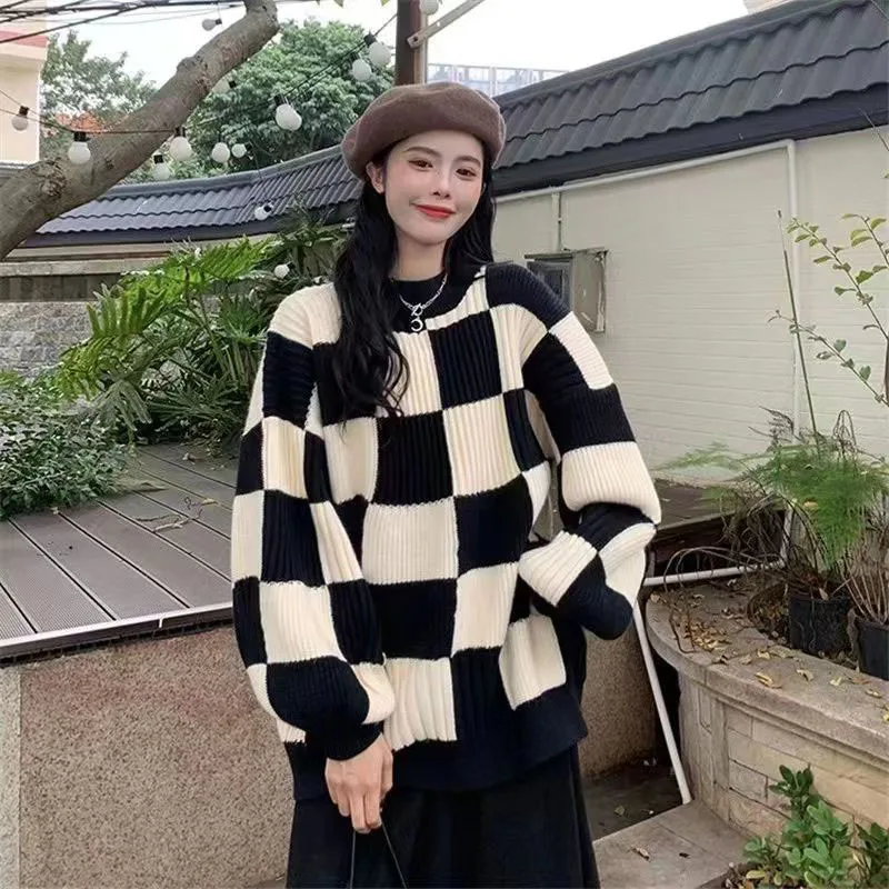 Checkered Sweater Women Harajuku Y2K Black White Plaid Pullover Sweater Long Sleeve Fashion Streetwear Winter Knitted Jumper