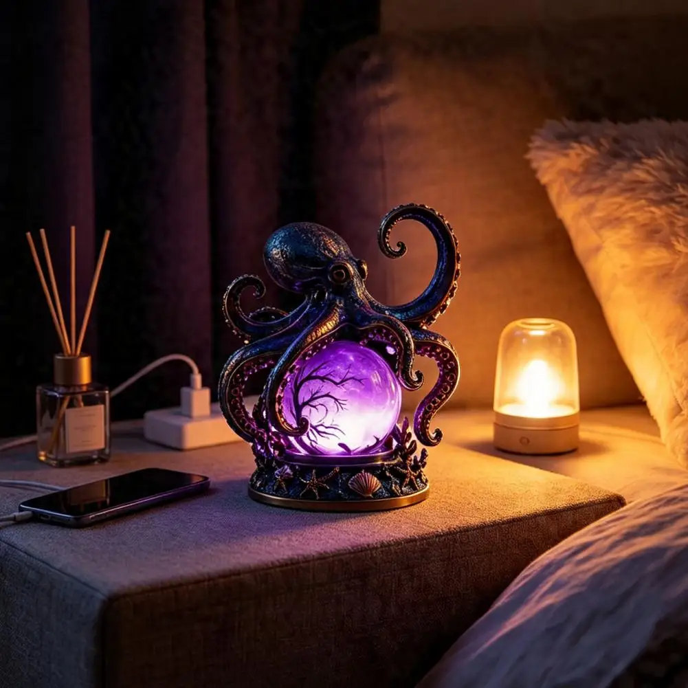 Deep Sea Octopus Crystal Ball Lamp, 3D Handmade Engraved Resin Night Light with LED Base, Bedroom Ambient Lamp, Nautical Home De