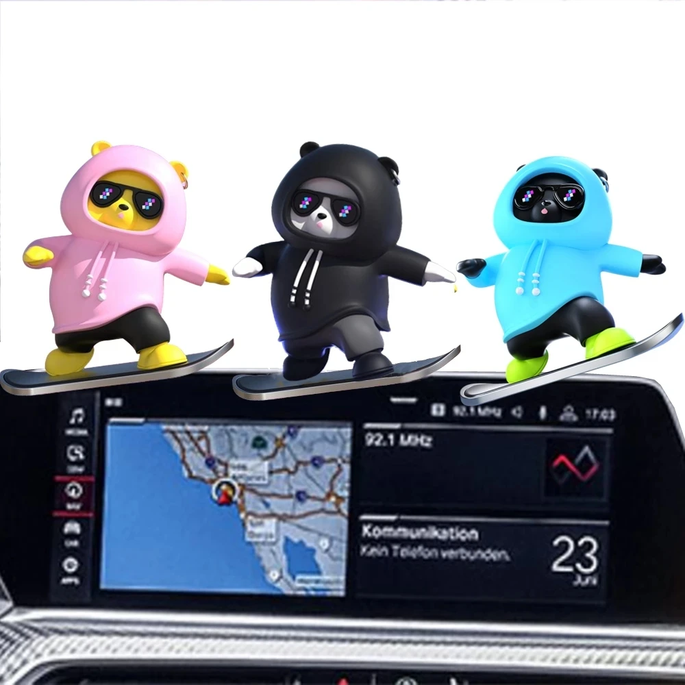 Car Interior Decoration Cute Bear Skateboard Slide Auto Ornaments With Slide Rail For Model 3 Y Universal Decoration Accessories