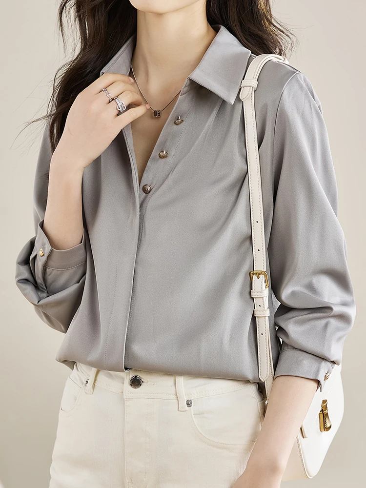 Fashion Elegant Chiffon Shirts Solid Color Ladies Grey Shirts Causal Women\'s Blouses Spring Long Sleeve Shirts Tops Blusas Mujer