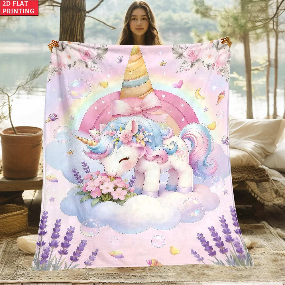 1pc Rainbow Unicorn Outdoor Portable Blanket-Lightweight Home Furnishings Bedding Blanket Suitable for Travel Camping Living Roo
