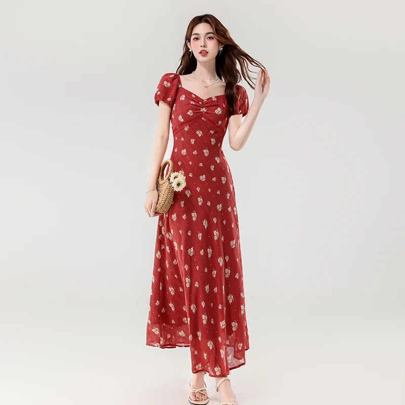 

Fashion Summer Women's Dress V-Neck Floral Dress with Lace Trim Elegant Long Dress for Women Short Sleeve Print Women Clothing