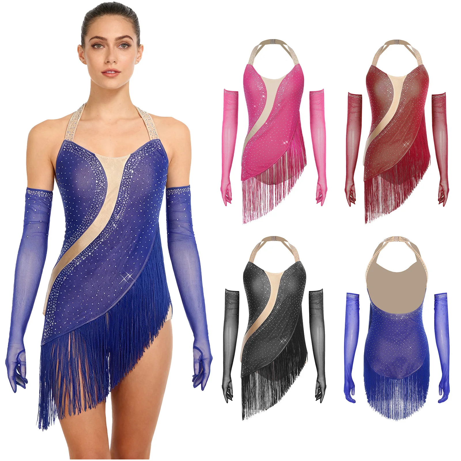 

Womens Latin Dance Outfits Tango Cha-cha Samba Dance Performance Costume Halter Backless Rhinestone Tassel Bodysuit with Gloves