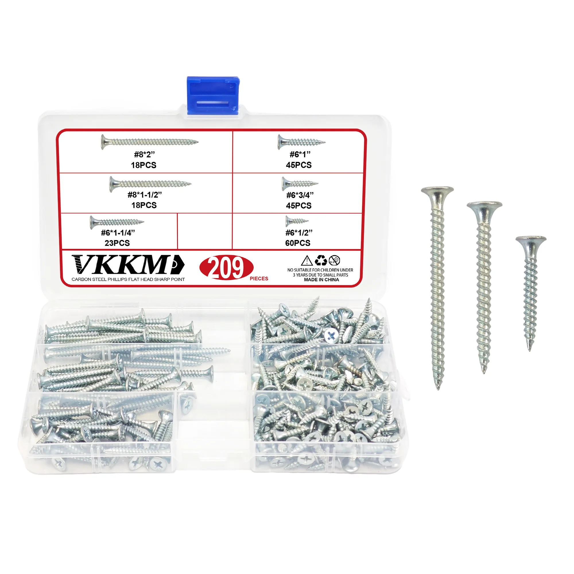 High Durometer Wood Screw Assortment Kit, 209 pcs, Phillips Screwdriver Flat Head, Wood Screws, Drywall Screws, Assorted Screws