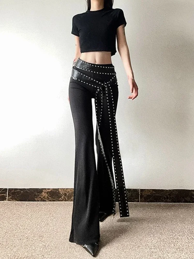 Y2k Punk Gothic Pantalones High Waist Bandage Rivet Design Streetwear Flare Pants Spring Female Slim All Match Women's Clothing