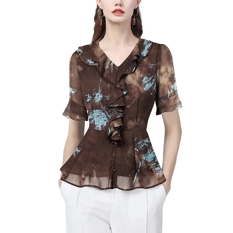 أزياء قصيرة الأكمام الخامس الرقبة البني المطبوعة بلوزة شيفون المرأة الصيف الكشكشة قمم خفيفة الوزن أنيقة ضئيلة عارضة القمصان