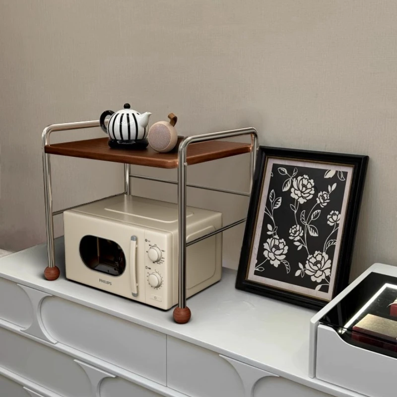 Vintage Solid Wood Microwave Stand All-in-1 Rice Cooker Oven Holder with Nano Anti-Stain Coating Space-Saving Kitchen Organizer