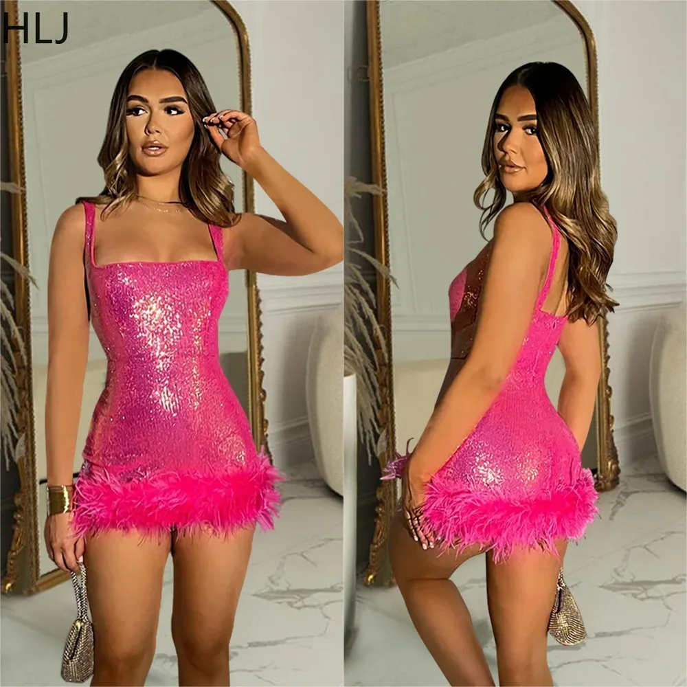 Hlj moda lantejoulas pena emenda cinta de espaguete mini vestido feminino sem mangas sem costas magro festa clube vestidos roupas sexy