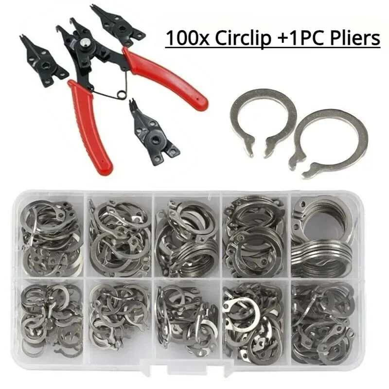 

100PC Retaining Circlip Washers Set External Circlips C Type Snap Ring Assortment Kit Circlip Pliers Set for Bearing Shaft