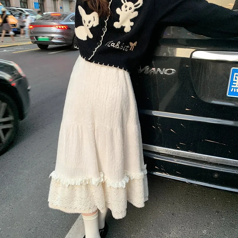 Japanese Sweet Midi Skirt Women Lace Patchwork High Waist Winter Chic Cake Skirts Cute Preppy Casual Aesthetic New Plush Skirt