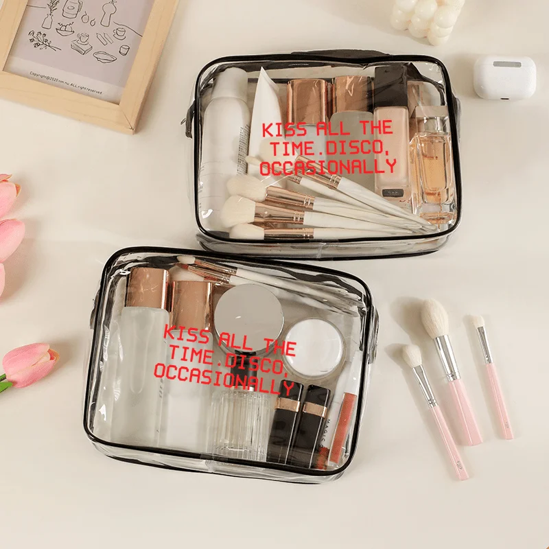 1pc Kiss All The Time. Disco Occasionally Pattern Large Capacity Cosmetic Bag With Zipper Closure HighQuality Travel Toiletry O