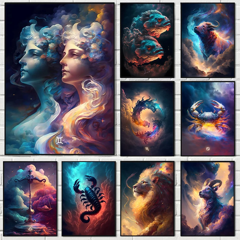 2D Flat ,Frameless,Abstract Zodiac Signs Poster Twelve Constellations Libra Aries Lion Abstract Canvas Print Poster Wall Art Dec