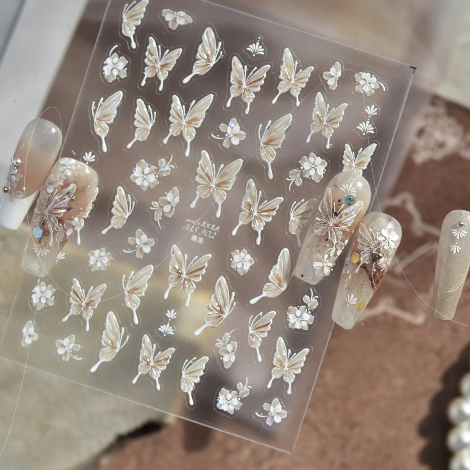5D Spring Summer Nail Art Stickers Gradient Butterfly White Flower Laser Glitter Self-adhesive Nail Art Decals Manicure Decor