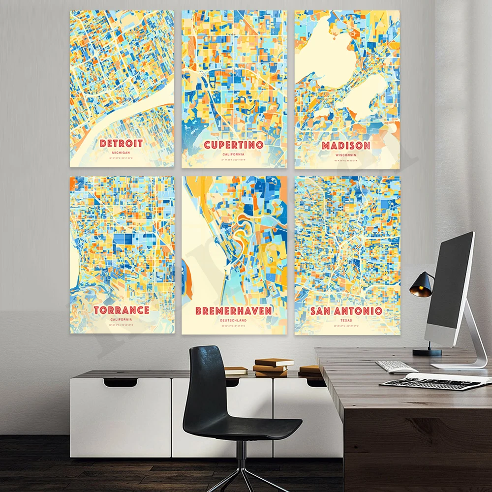 San Antonio Bremerhaven Torrance Piraeus Madison Cupertino Leeds Cambridge Manaus Detroit. City Color Map Poster