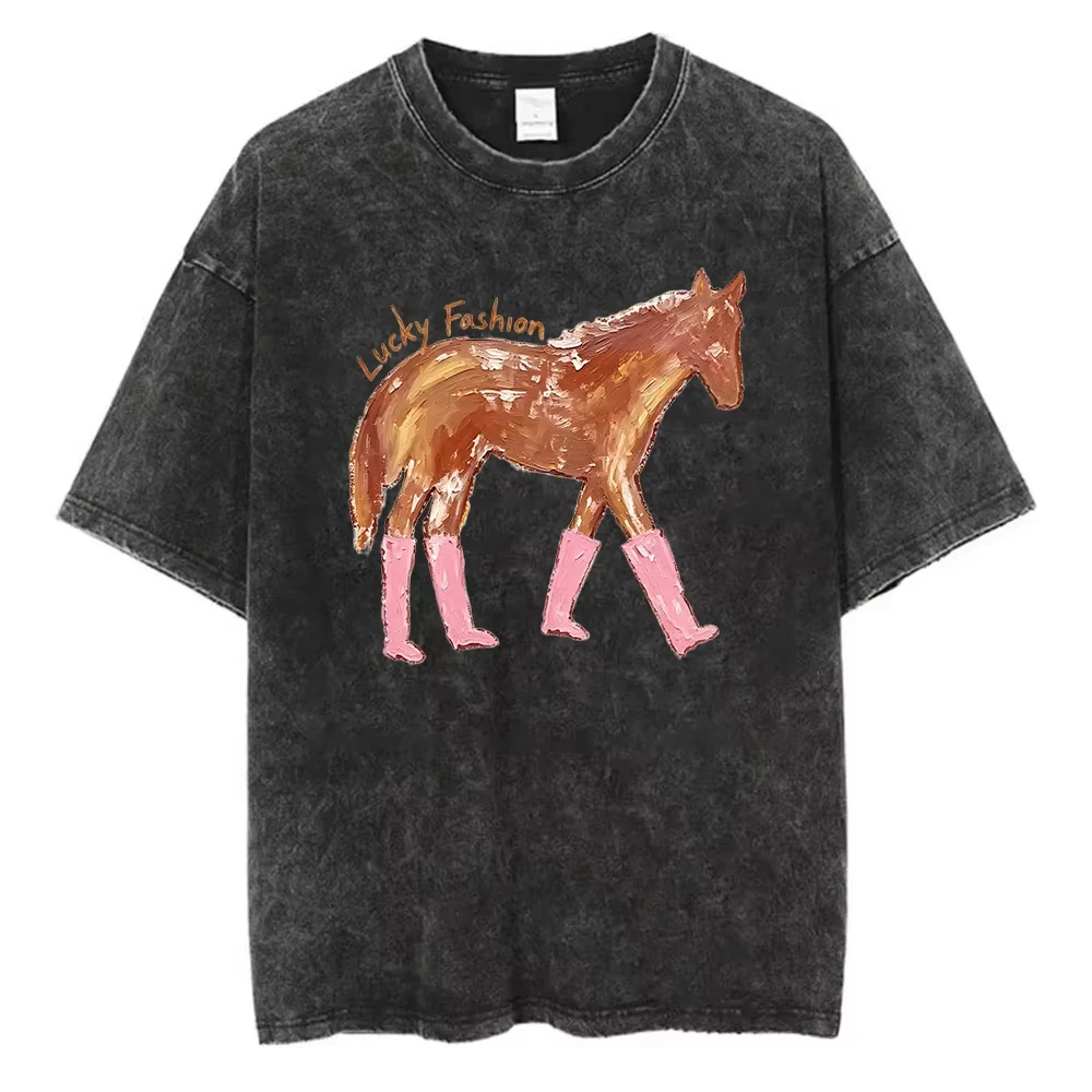 Cute Pink Boots Pony PrinTee Vintage Horse Graphic Washed T Shirt Funny Style CasuaOversized Loose Cotton Streetwear Unisex