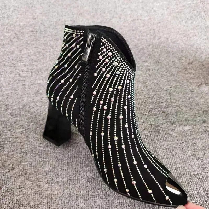 New Women Rhinestone Fashion Autumn/Winter Shoes Shine Short Botas Side Zip Pointed Toe Ankle Boots