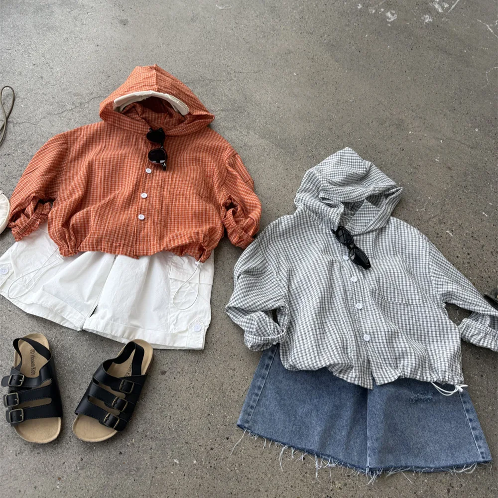 Summer New Boys Girls Colorful Checkered Sun Protective Clothing 2026 Children Clothing Kids Fashion Loose Breathable Hoodie