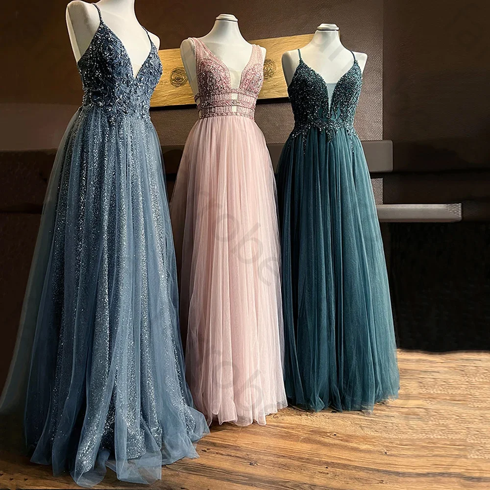 Customized Spaghetti Straps Evening Dresses Deep V Neck Glitter Sequied Beaded Tulle Prom Gowns Formal Party Dress Robes De Soir