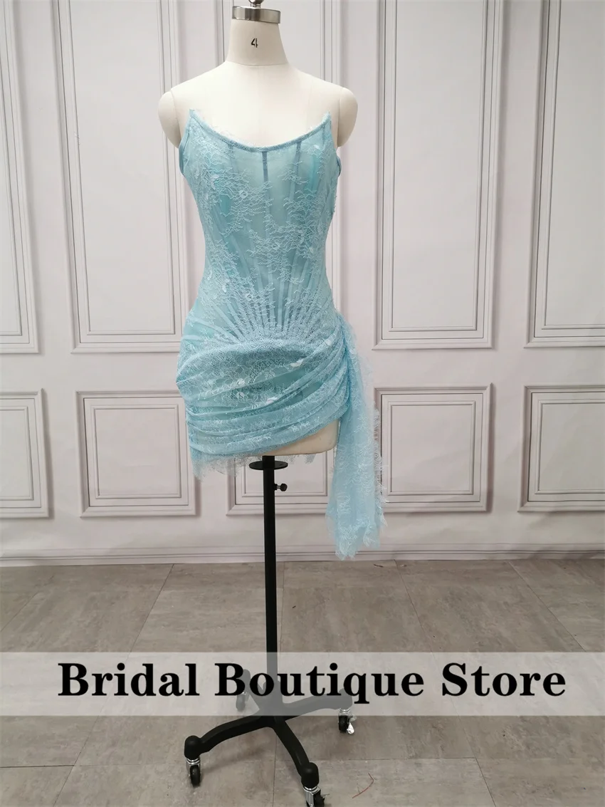 Sexy Blue Lace Prom Dresses with Gloves For Black Girls Corset Birthday Mini Cocktail Party Homecoming Gowns Customized