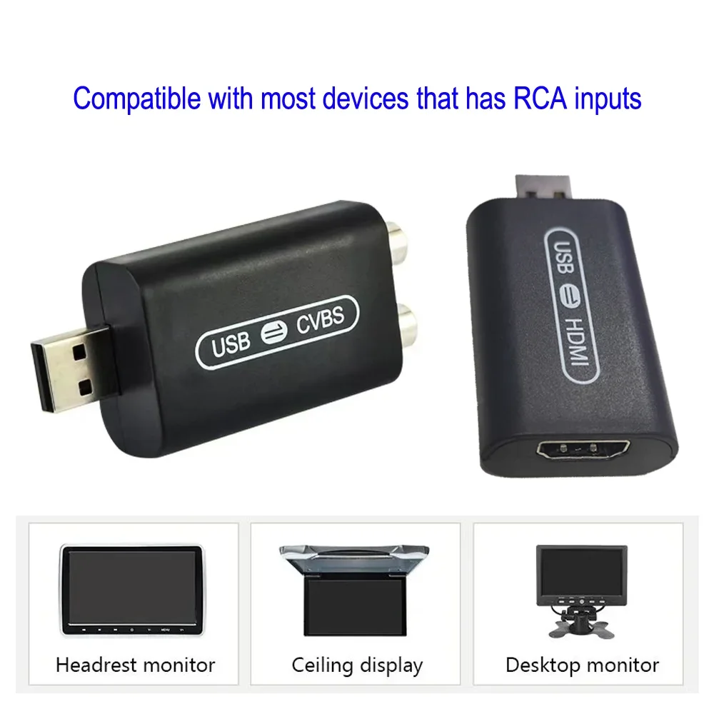 USB Interface To RCA Video Out Adapter Connect Headrest Monitor Car Radio Multimedia For Android System AV Output Player Video