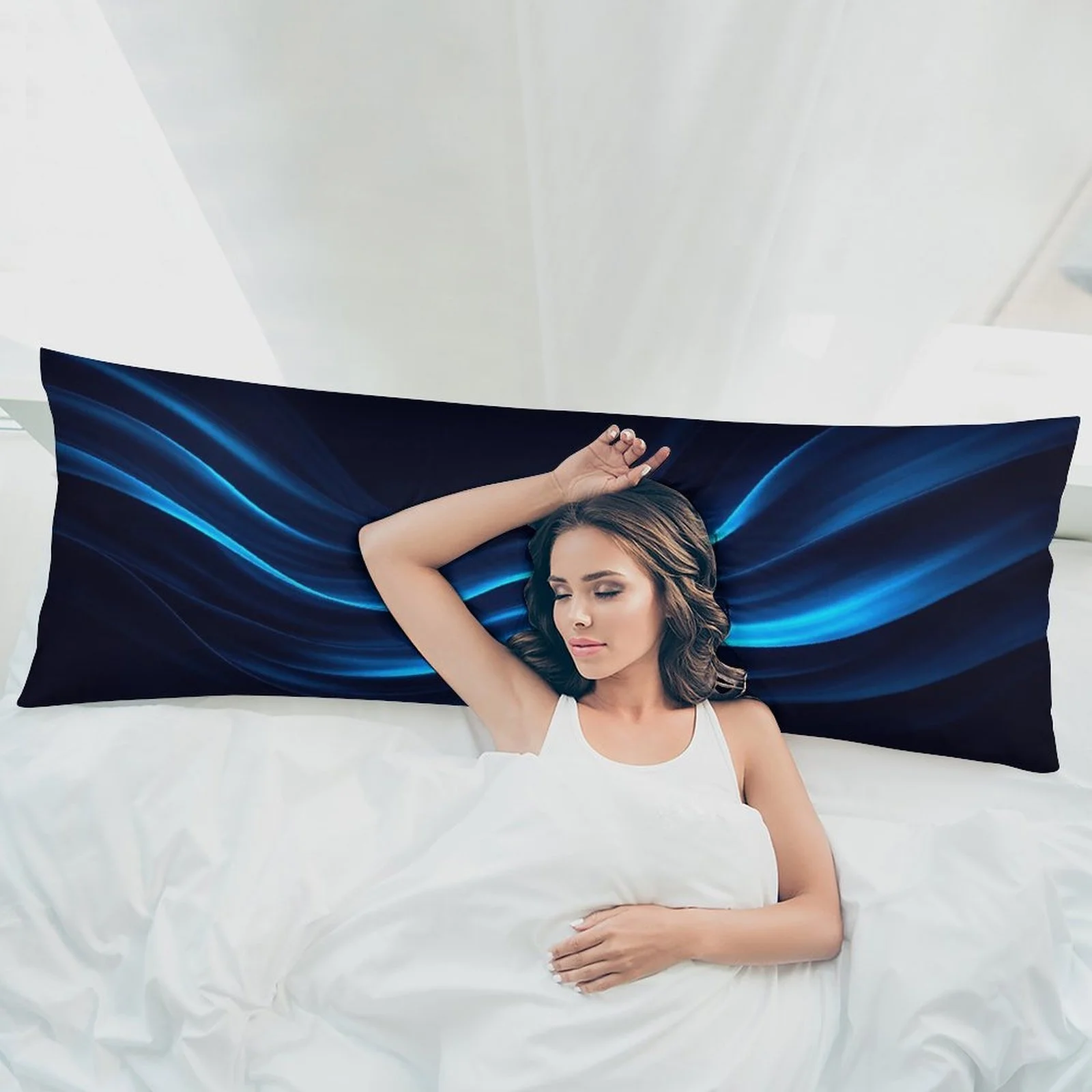 Extra Long Body Pillow Case - Modern Navy Blue Wave Design, Soft Plush Bed Pillow Cover with Zipper Closure, Machine Washable La