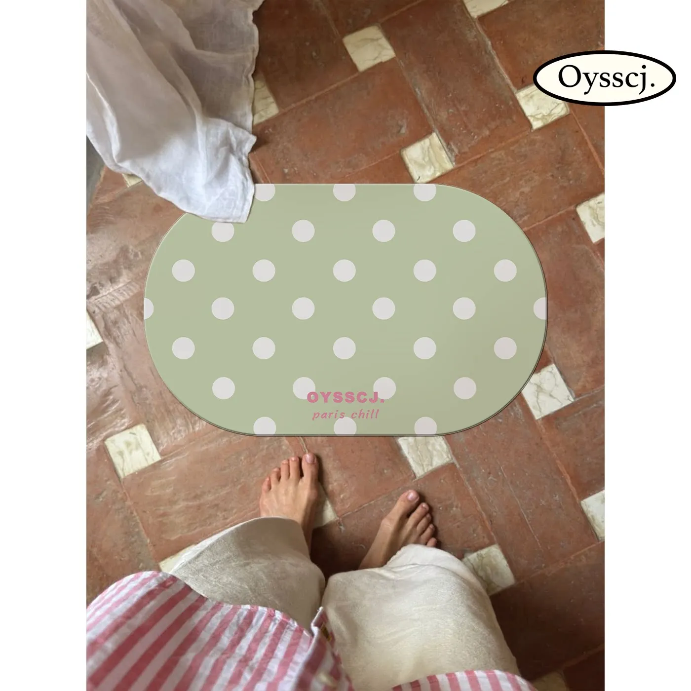 VIKAMA Light Green Polka Dot Oval Bath Mat Non Slip Absorbent Floor Rug Washable Minimalist Neutral Bathroom Home Decor