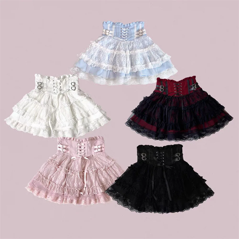 

Japanese Ruffle Patchwork Mini Sweet Skirt Lace Trim Tie Buckle High Waist Gothic Black Red Short Skirt Women Girls Lolita Skirt