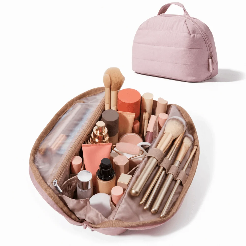 Foldable Travel Makeup Bag Multi-Compartment Adjustable Dividers Toiletry Pouch Mesh Pocket Portable Makeup Organizer Outdoor