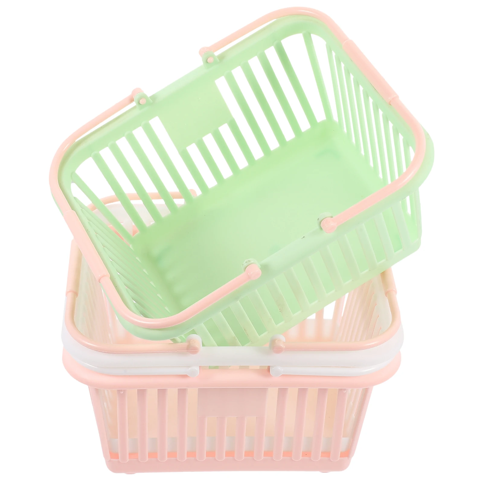 

3pcs Storage Basket White Pink Green Compact Handles Small Plastic Baskets Jewelry Cosmetics Fruits Grocery Hollow Design