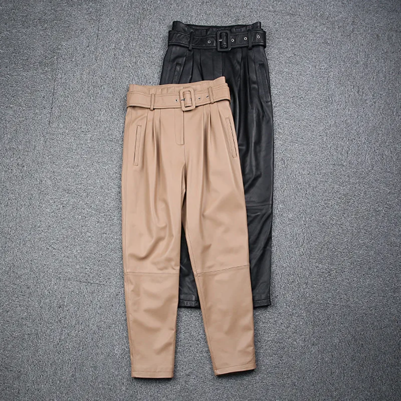 Women's Sheepskin Pants, High Waist, Belt, Matte Trousers, Genuine Leather Full Pants, Spring Autumn