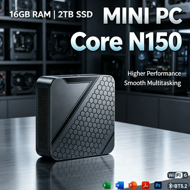 M.2 NVMe SSD, Intel N150 프로세서, 휴대용 미니 PC, 16GB RAM, 트리플 4K 출력, Wi-Fi 6, 블루투스 5.2, 저소음 쿨링 시스템, 가정 및 사무용, 전문가용 데스크톱.
