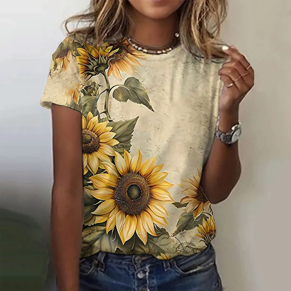 New Sunflower T-Shirts Vintage Floral 3D Print Women's O-Neck Short Sleeves T Shirt Casual Y2k Harajuku Tees Top Female Clothing