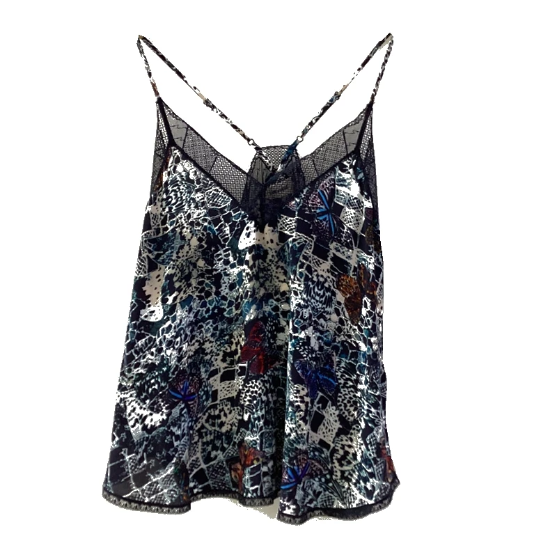 

Strap top Fashion Simple Retro Print sexy Lace V-neck Backless Lace Top Tank Top