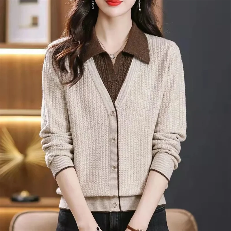 Autumn Winter Female Fake Two Pieces Sweater 2024 Lady Lapel Collar Loose Fitting Pullover Knitting Women Long Sleeved Knitwear