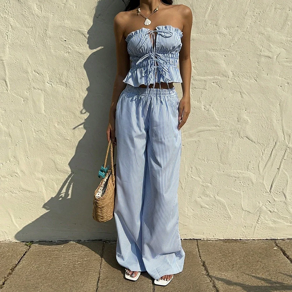 

DINADD Sets Summer K-Style Solid Color Lace-Up Ruffles Sleeveless Strapless High Waist Casual Pant Sets For Women