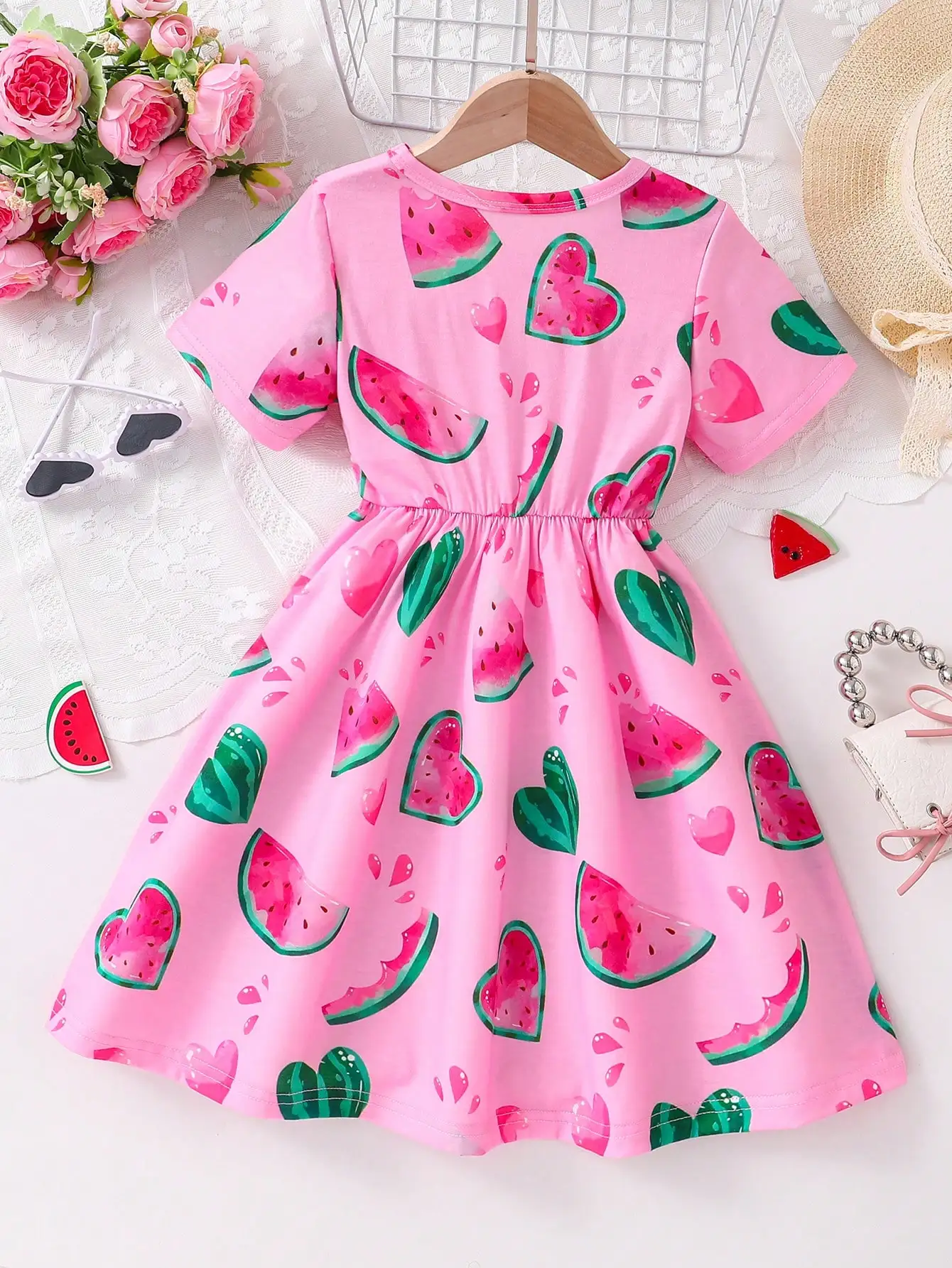 Summer Girls\' Skirt Casual, Fresh And Cute Vacation Style Little Girl Watermelon Full Print Short Sleeve Dress