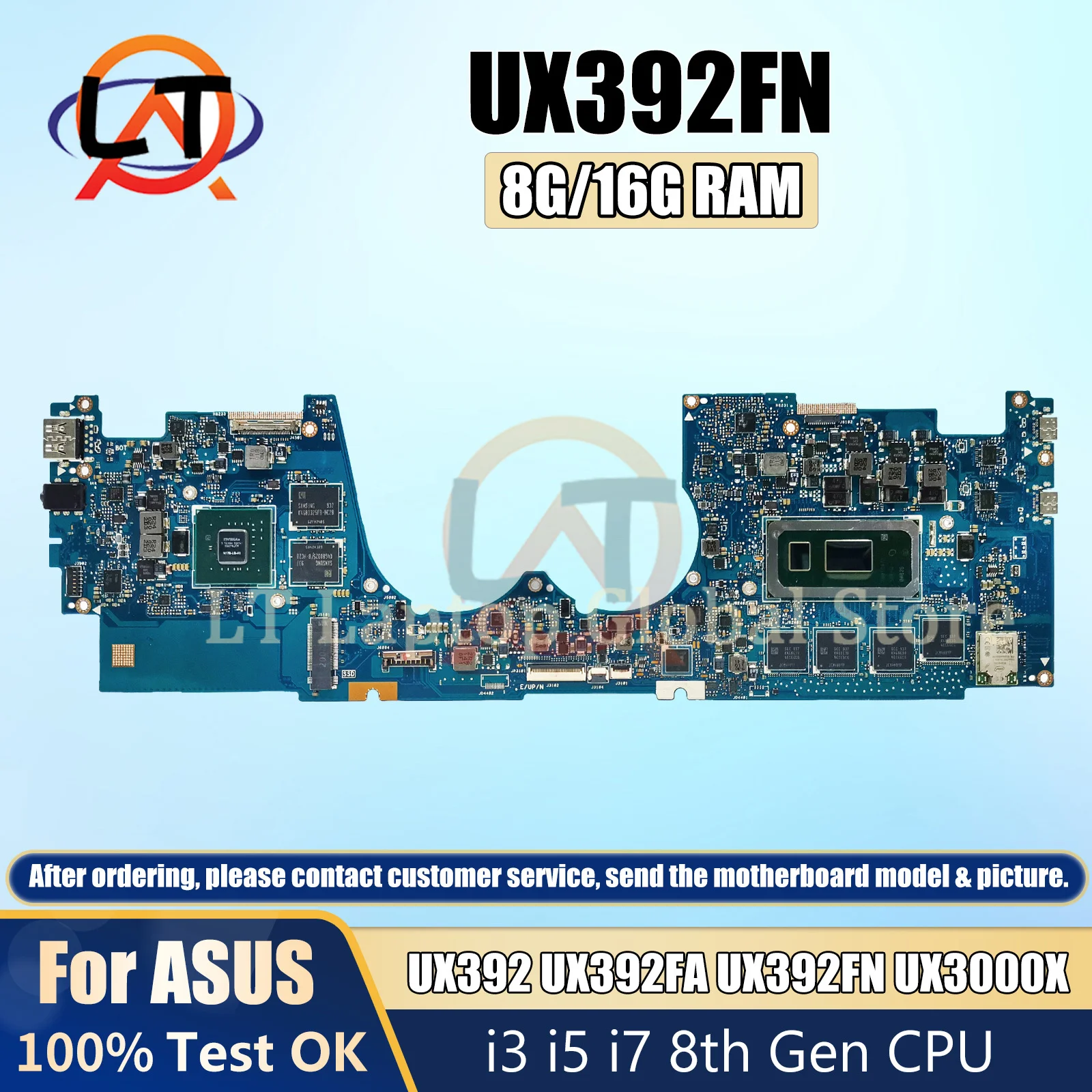 

ZenBook S13 asus ux392fn laptop mainboard UX392FA UX3000X UX392FN motherboard 8/16gb ram intel I3 I5 I7 8th with cpu MX150 UMA