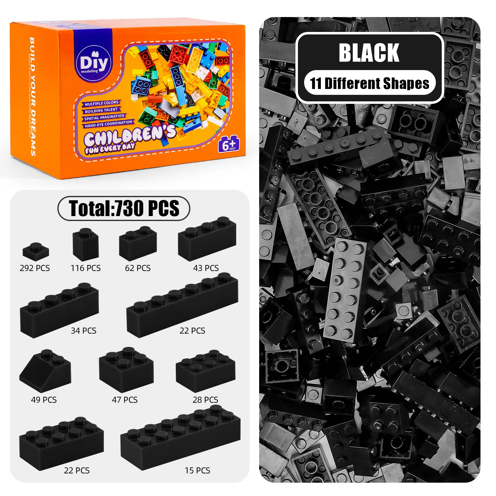 

730 шт., строительные блоки из мелких частиц, различные детали, оптовая партия, черный цвет, 11 размеров для творческой модели «сделай сам», развивающая игрушка STEM