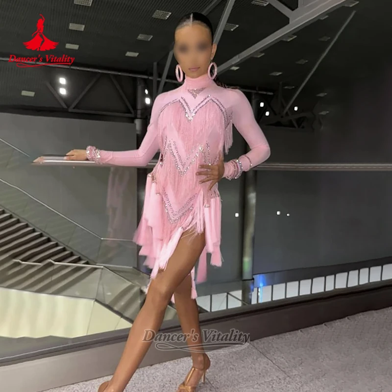 Adolescent Chacha Samba Hight-neck Long Sleeves Dress Customized Adult Latin Dance High Split Tassels Clothing Dancer's Vitality