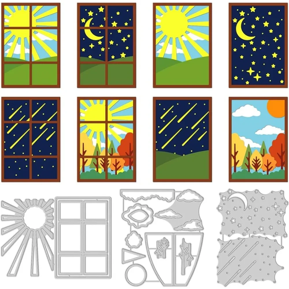 

Day and Night Window Cut Dies Sky Background Theme with Sun Stars Luna Clouds Plants Embossing Die Cutting Stencils