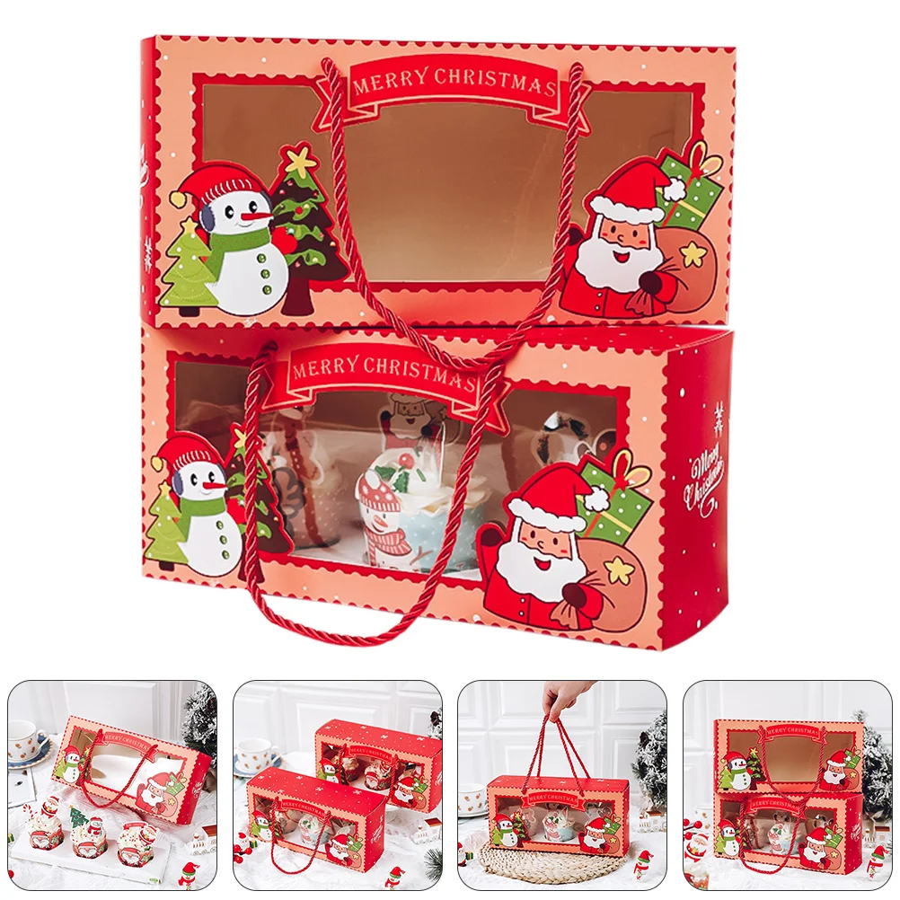 2Pcs Christmas Cupcake Boxes Transparent Window Festive Design Cupcake Holder Bakery Boxes for Parties Christmas Supplies