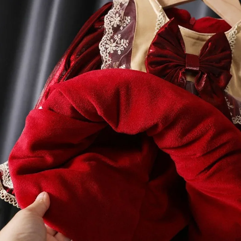 Vêtements du Nouvel An Chinois pour Bol, Robe Rouge à Manches sulf, Nministériels d en Dentelle, Robe de Princesse Lolita, Ensemble Jupe et Pantalon en Velours pour Bébé et Enfant, Hiver