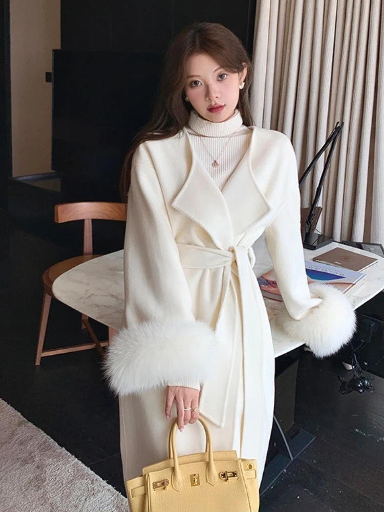 Women Elegant Double-faced Woolen Jacket New Autumn Winter Long Top Clothing Real Fox Fur Cuff Cashmere Wool Coat Female