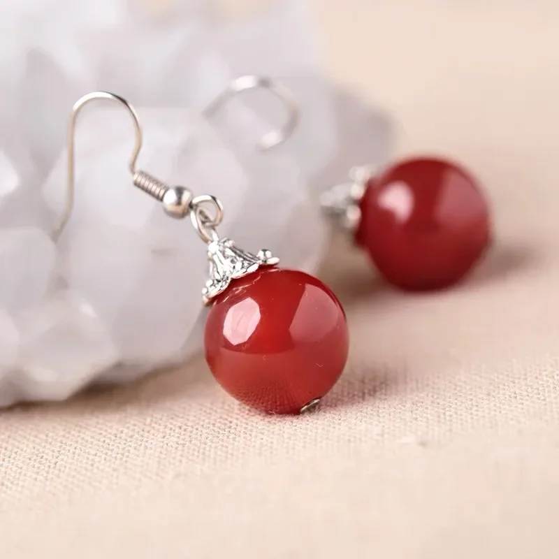 Original 925 Silver Natural Red Agate Jade 10mm Beads Earrings DIY By Hand Accessories Women Gifts Jewelry Amulet Customized