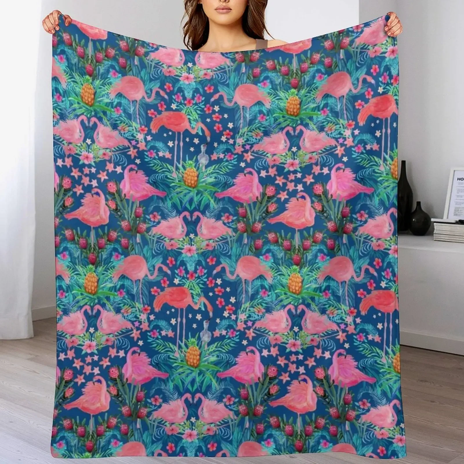 Flamingo watercolor pink Paradise with hibiscus flowers, protea flowers and palm leaves Throw Blanket