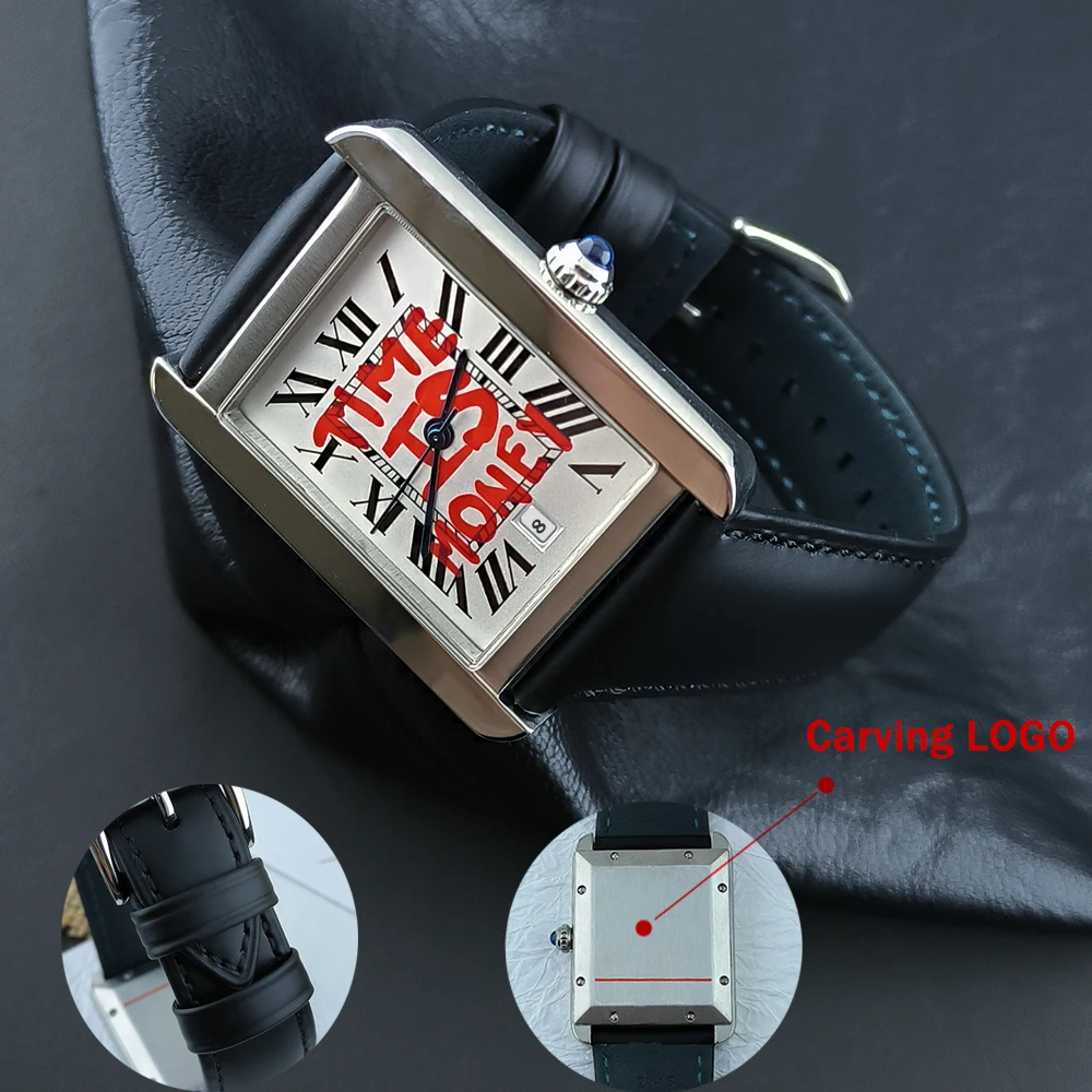 Men's square watch 40.5mm * 31mm high quality stainless steel watch custom logo suitable for quartz movement watch accessories